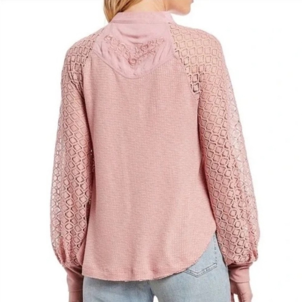 Free People Sweetest Thing Pink Crochet Lace Thermal Romantic Cottagecore XS - Picture 7 of 10